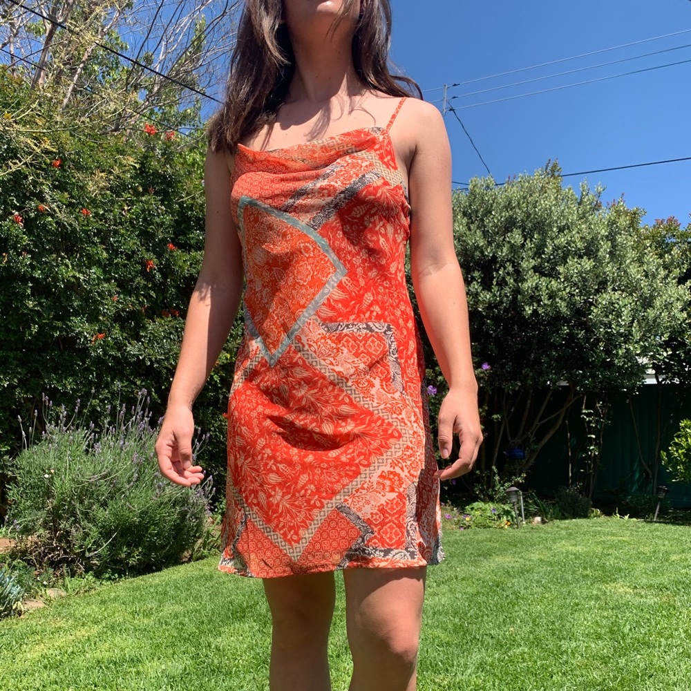 Cowl neck, orange shift dress